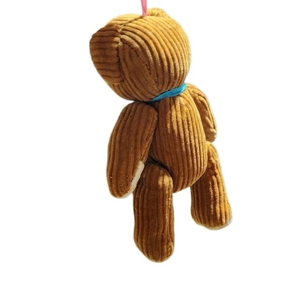 Vintage mini Corduroy bear ornament tan with blue bow moveable - Picture 12 of 13